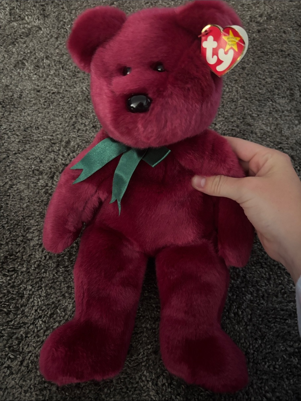 Ty VINTAGE RETIRED “Teddy” Burgundy Plush Bear with Green Ribbon and Heart Tag